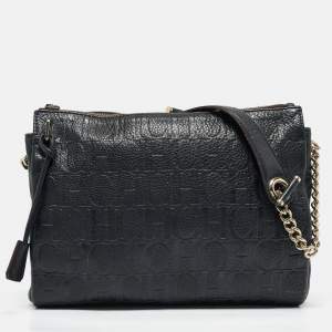 Carolina Herrera Navy Blue Monogram Embossed Leather Chain Shoulder Bag