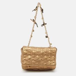 Carolina Herrera Gold Logo Embossed Leather Embellished Shoulder Bag