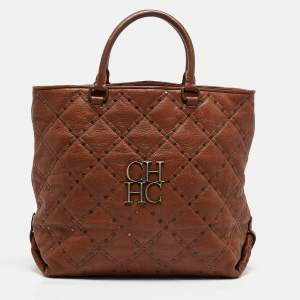 Carolina Herrera Brown Quilted Leather Studded Logo Tote