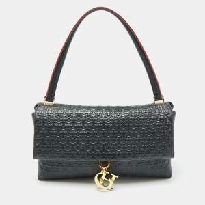 Carolina Herrera Black Embossed Leather Camelot Top Handle Bag