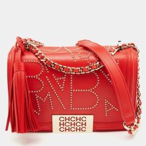 Carolina Herrera Red Leather Studded Bimba Shoulder Bag