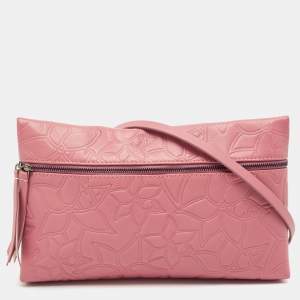 Carolina Herrera Old Rose Floral Embossed Leather Zip Crossbody Bag