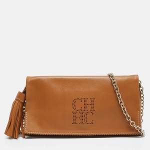Carolina Herrera Tan Leather Flap Tassel Shoulder Bag
