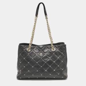 Carolina Herrera Black Logo Embossed Quilted Leather Studded Chain Tote