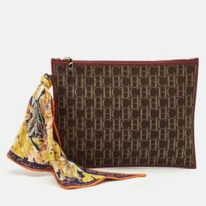 Carolina Herrera Brown Monogram Canvas and Leather Scarf Flat Pouch