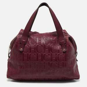 Carolina Herrera Burgundy Monogram Embossed Leather Zip Satchel