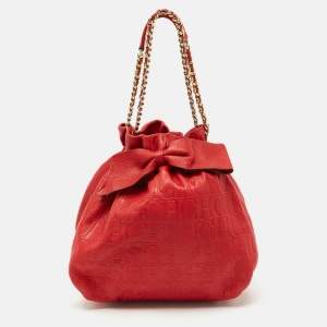Carolina Herrera Red Monogram Embossed Leather Bow Bucket Shoulder Bag