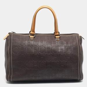Pre Owned Carolina Herrera Dark Brown Monogram Embossed Leather Large Andy Boston Bag
