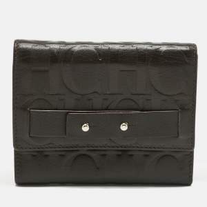 Pre Owned Carolina Herrera Dark Brown Monogram Leather Trifold Wallet