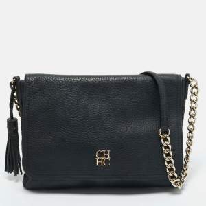 Pre Owned Carolina Herrera Black Leather Tassel Flap Shoulder Bag