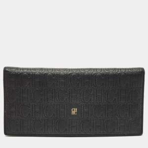 Pre Owned Carolina Herrera Black Monogram Embossed Leather Bifold Long Wallet