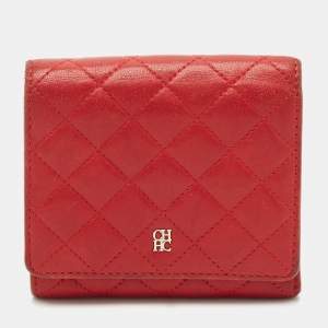 Pre Owned Carolina Herrera Red Quilted Leather Trifold Compact Wallet
