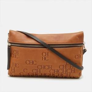 Pre Owned Carolina Herrera Tan/Brown Monogram Embossed Leather Slim Crossbody Bag