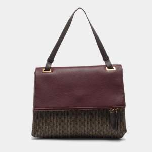 Pre Owned Carolina Herrera Flap Burgundy/Brown Monogram Coated Canvas Leather Top Handle Bag