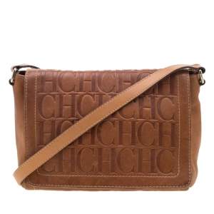 Pre Owned Carolina Herrera Brown Monogram Leather Shoulder Bag