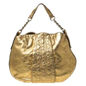 Pre Owned Carolina Herrera Gold Metallic Monogram Leather Chain Hobo