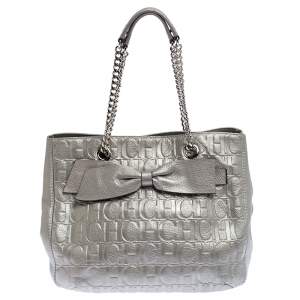 Pre Owned Carolina Herrera Silver Monogram Leather Audrey Tote 