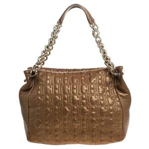 Pre Owned Carolina Herrera Metallic Brown Monogram Leather Tote