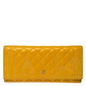 Pre Owned Carolina Herrera Mustard Quilted Leather Flap Wallet