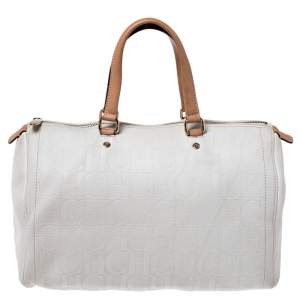 Carolina Herrera Cream/Tan Monogram Leather Large Andy Boston Bag