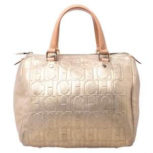 Carolina Herrera Gold Metallic Monogram Leather Andy Boston Bag