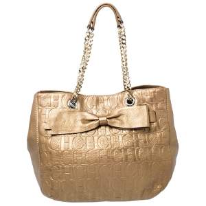 Pre Owned Carolina Herrera Gold Monogram Leather Audrey Tote