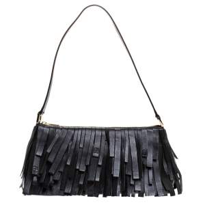 Pre Owned Carolina Herrera Black Leather Fringe Pochette Bag