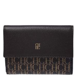 Pre Owned Carolina Herrera Brown Monogram Leather Tri Fold Compact Wallet