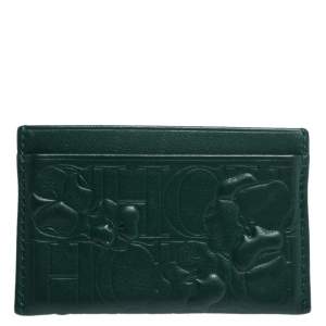Pre Owned Carolina Herrera Green Embossed Leather Card Holder