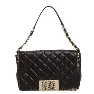 Pre Owned Carolina Herrera Dark Brown Quilted and Monogram Canvas and Leather Logo Flap Shoulder Bag