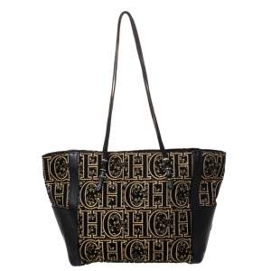 Pre Owned Carolina Herrera Black/Gold Monogram Velvet and Leather Tote