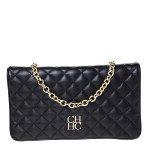 Pre Owned Carolina Herrera Black Quilted Leather Flap Chain Shoulder Bag