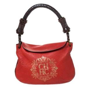 Pre Owned Carolina Herrera Orange/Brown logo Leather Braided Handle Hobo