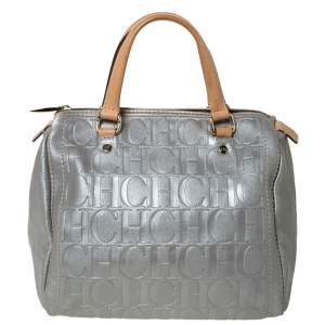 Pre Owned Carolina Herrera Metallic Silver Monogram Embossed Leather Andy Boston Bag