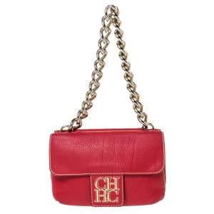 Pre Owned Carolina Herrera Red Leather Double Flap Chain Bag