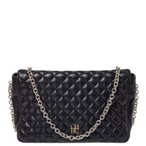 Pre Owned Carolina Herrera Black Quilted Leather Flap Chain Shoulder Bag