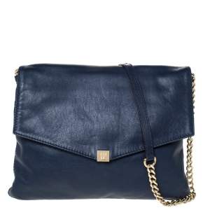 Pre Owned Carolina Herrera Blue Leather Flap Shoulder Bag