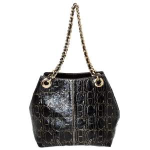 Pre Owned Carolina Herrera Black/Gold Monogram Patent Leather Chain Shoulder Bag