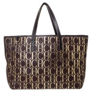 Pre Owned Carolina Herrera Brown/Gold Monogram Leather Shopper Tote