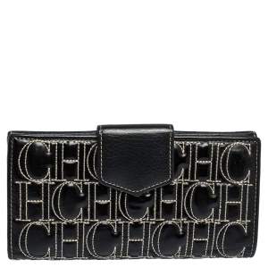 Pre Owned Carolina Herrera Black Monogram Embossed Patent Leather Flap Continental Wallet