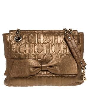 Pre Owned Carolina Herrera Gold Monogram Leather Audrey Shoulder Bag