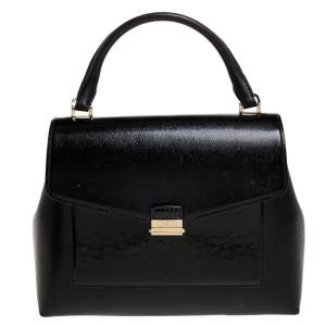 Carolina Herrera Black Monogram Patent Leather Push Lock Top Handle Bag