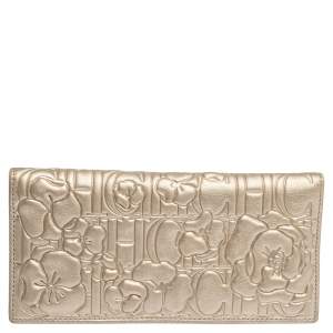 Carolina Herrera Metallic Gold Floral Embossed Leather Bifold Continental Wallet