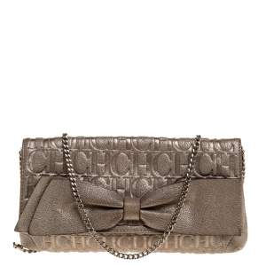 Pre Owned Carolina Herrera Gold Monogram Leather Bow Chain Clutch