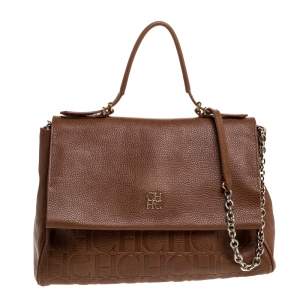 Carolina Herrera Brown Embossed Leather Minuetto Flap Top Handle Bag