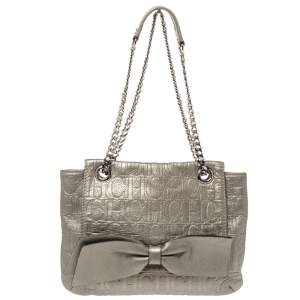 Pre Owned Carolina Herrera Metallic Monogram Leather Audrey Shoulder Bag