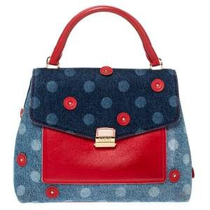 Carolina Herrera Blue/Red Polka Dot Denim and Leather Flap Top Handle Bag