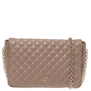 Pre Owned Carolina Herrera Beige Quilted Leather Flap Chain Shoulder Bag