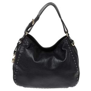 Pre Owned Carolina Herrera Black Leather Studded Hobo