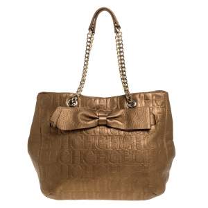 Pre Owned Carolina Herrera Gold Monogram Leather Audrey Tote 